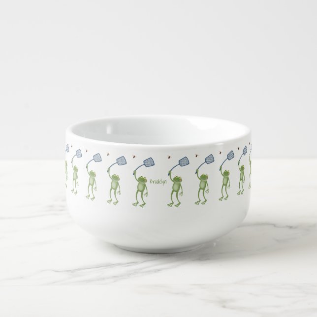 Funny green frog swatting fly cartoon soup mug (Front)