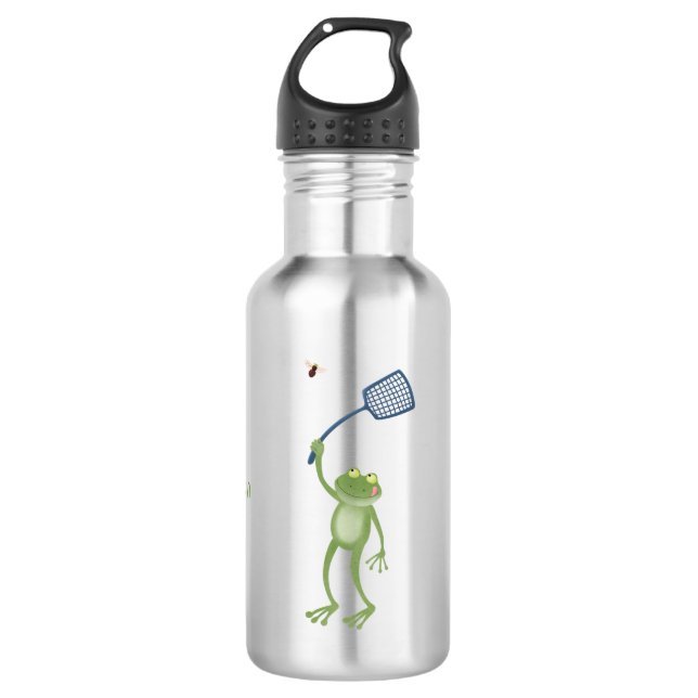 Funny green frog swatting fly cartoon  stainless steel water bottle (Front)