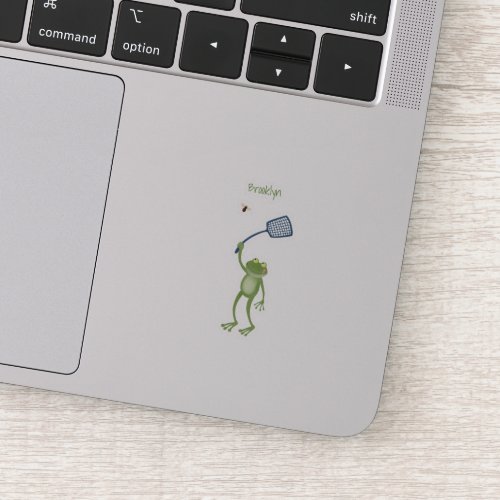 Funny green frog swatting fly cartoon  sticker