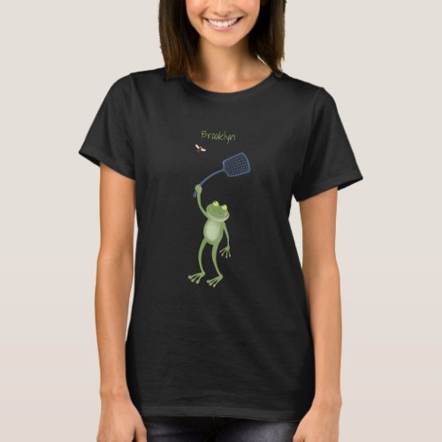 Funny green frog swatting fly cartoon  T_Shirt