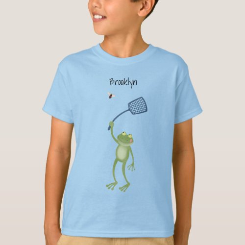 Funny green frog swatting fly cartoon T_Shirt