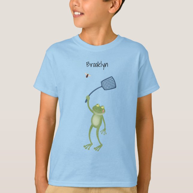 Funny green frog swatting fly cartoon T-Shirt (Front)