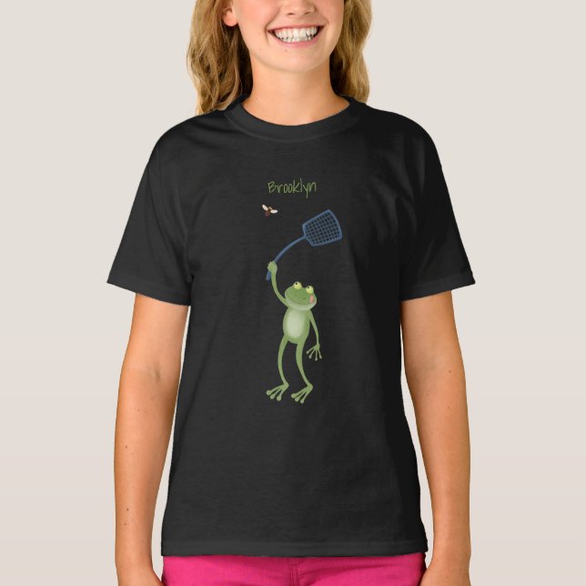 Funny green frog swatting fly cartoon  T-Shirt (Front)