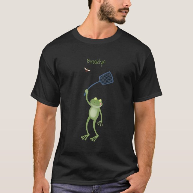 Funny green frog swatting fly cartoon  T-Shirt (Front)