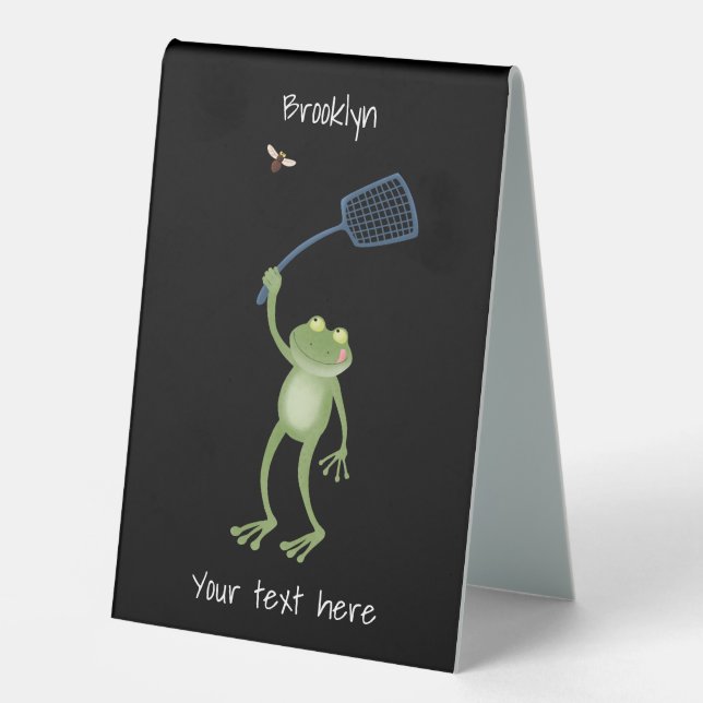 Funny green frog swatting fly cartoon table tent (Front)