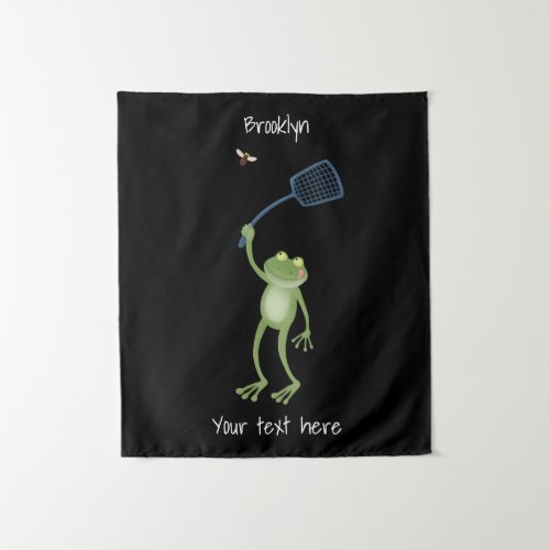 Funny green frog swatting fly cartoon tapestry