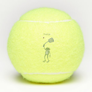 Funny green frog swatting fly cartoon tennis balls