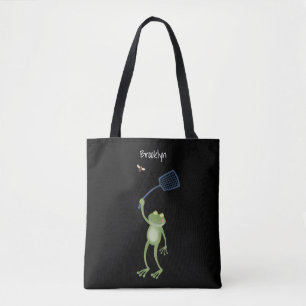 Funny green frog swatting fly cartoon  tote bag