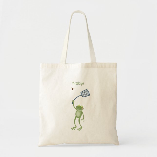 Funny green frog swatting fly cartoon tote bag (Front)