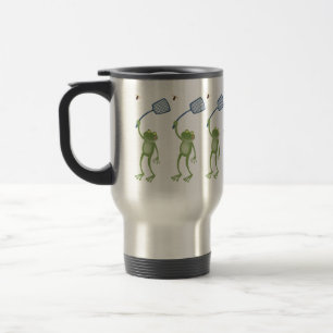 Funny green frog swatting fly cartoon travel mug