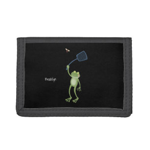 Funny green frog swatting fly cartoon trifold wallet