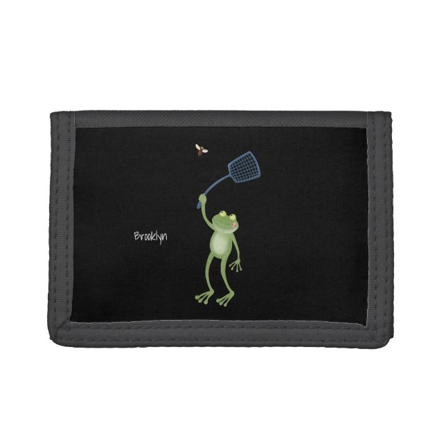 Funny green frog swatting fly cartoon  trifold wallet (Front)