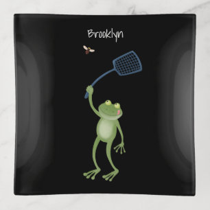 Funny green frog swatting fly cartoon trinket tray