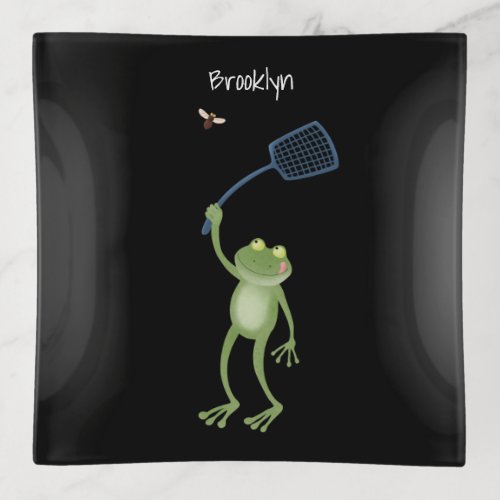 Funny green frog swatting fly cartoon  trinket tray