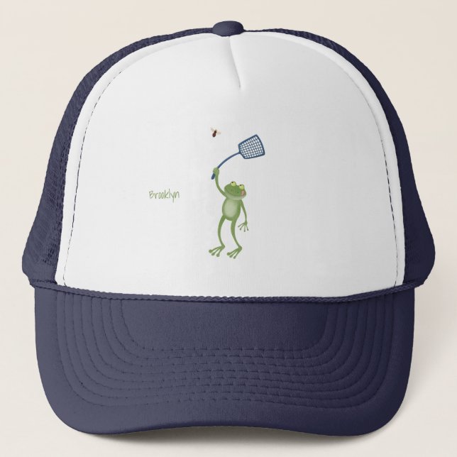 Funny green frog swatting fly cartoon trucker hat (Front)