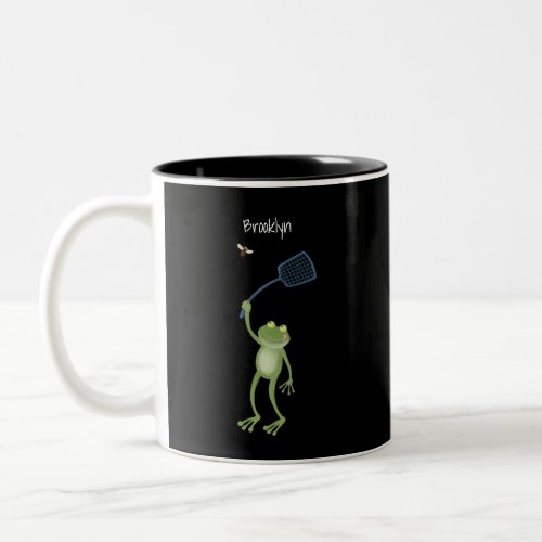 Funny green frog swatting fly cartoon  Two_Tone coffee mug