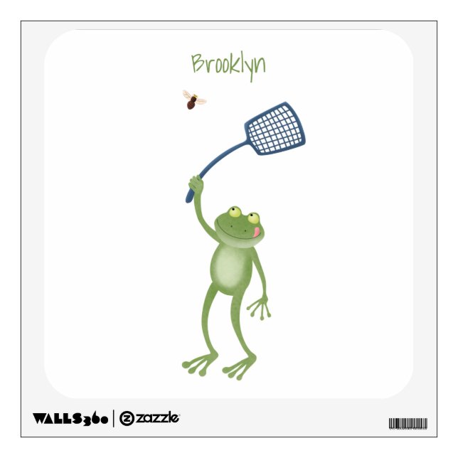 Funny green frog swatting fly cartoon  wall decal (Front)