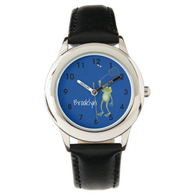 Funny green frog swatting fly cartoon  watch (Front)