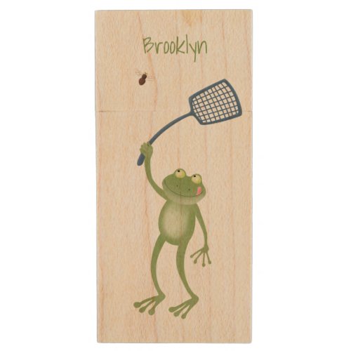 Funny green frog swatting fly cartoon wood flash drive