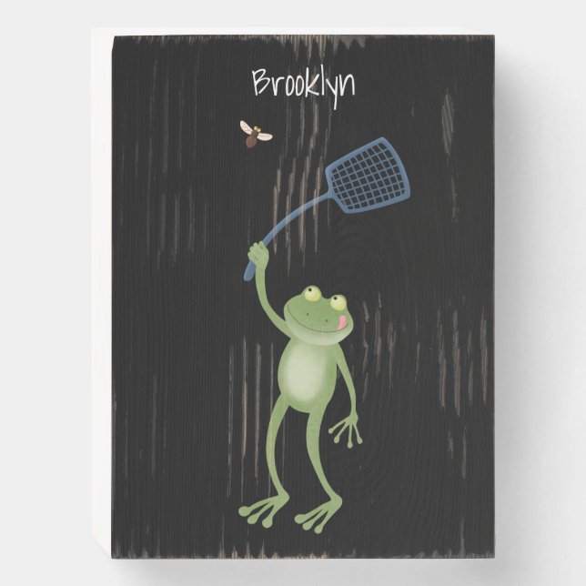 Funny green frog swatting fly cartoon  wooden box sign (Front Vertical)