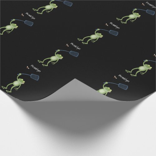 Funny green frog swatting fly cartoon wrapping paper