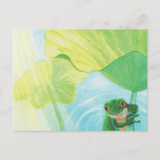 Funny Green Frog under Lily Pad Postcard