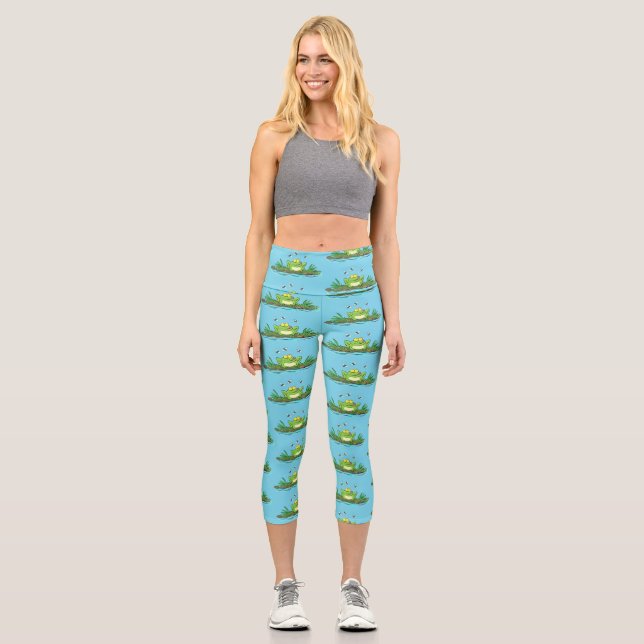 Funny green frog with flies cartoon illustration capri leggings (Front)