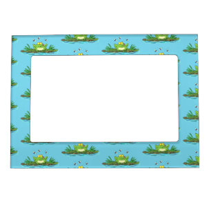 Funny green frog with flies cartoon illustration magnetic frame