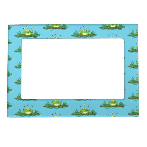 Funny green frog with flies cartoon illustration magnetic frame