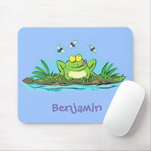 Funny green frog with flies cartoon illustration mouse pad