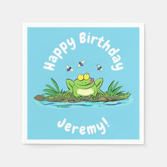 Funny green frog with flies cartoon illustration napkins (Front)