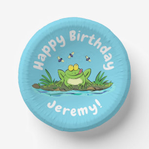 Funny green frog with flies cartoon illustration paper bowls