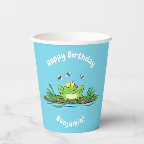 Funny green frog with flies cartoon illustration paper cups