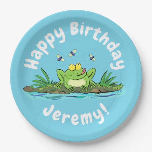 Funny green frog with flies cartoon illustration paper plates