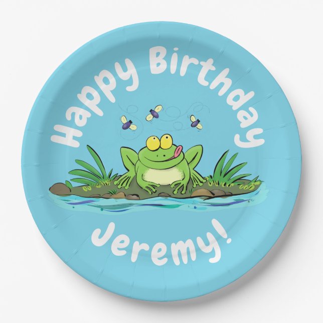 Funny green frog with flies cartoon illustration paper plates (Front)