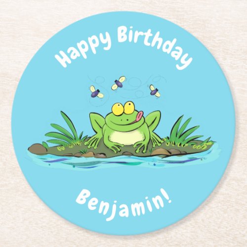 Funny green frog with flies cartoon illustration round paper coaster