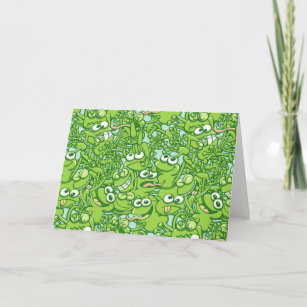 Funny green frogs entangled in a messy pattern card