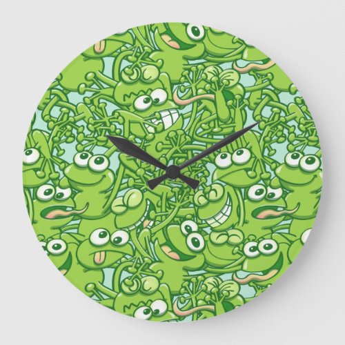 Funny green frogs entangled in a messy pattern large clock