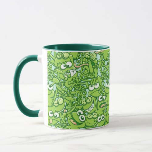 Funny green frogs entangled in a messy pattern mug