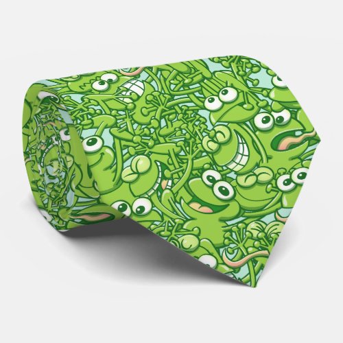 Funny green frogs entangled in a messy pattern neck tie