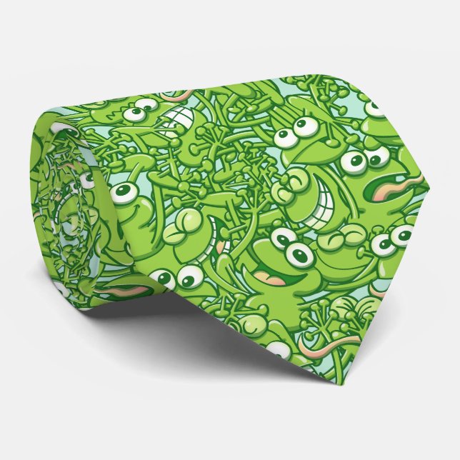 Funny green frogs entangled in a messy pattern neck tie (Rolled)