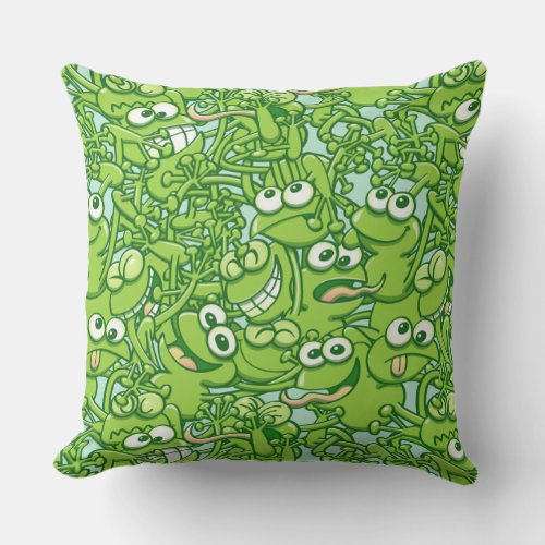Funny green frogs entangled in a messy pattern throw pillow