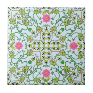 Funny green frogs hunting flies mandala design ceramic tile