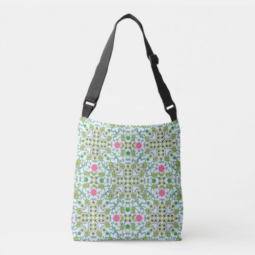 Funny green frogs hunting flies mandala design crossbody bag