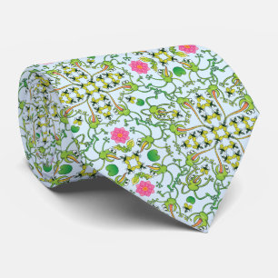 Funny green frogs hunting flies mandala design neck tie