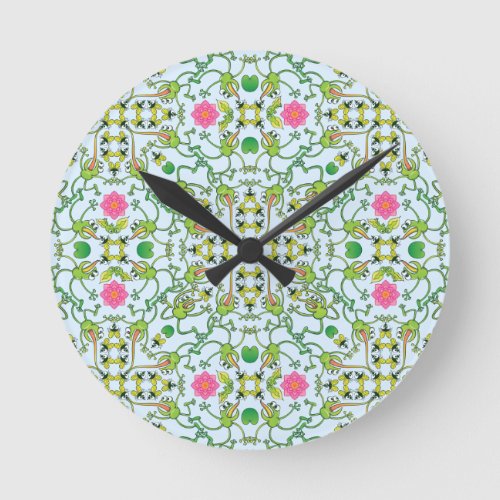 Funny green frogs hunting flies mandala design round clock