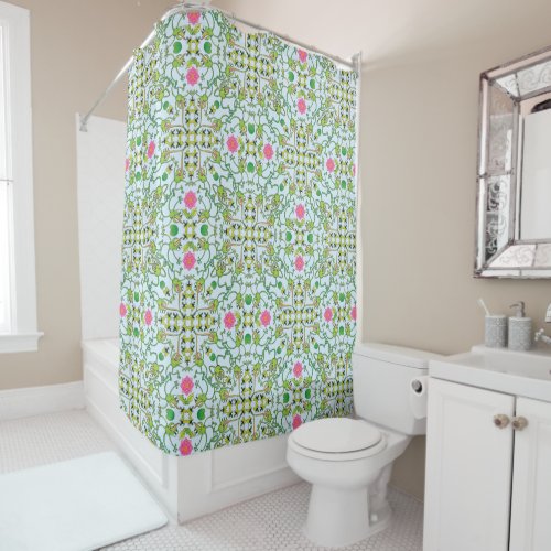 Funny green frogs hunting flies mandala design shower curtain