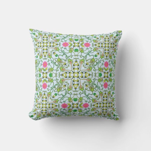 Funny green frogs hunting flies mandala design throw pillow