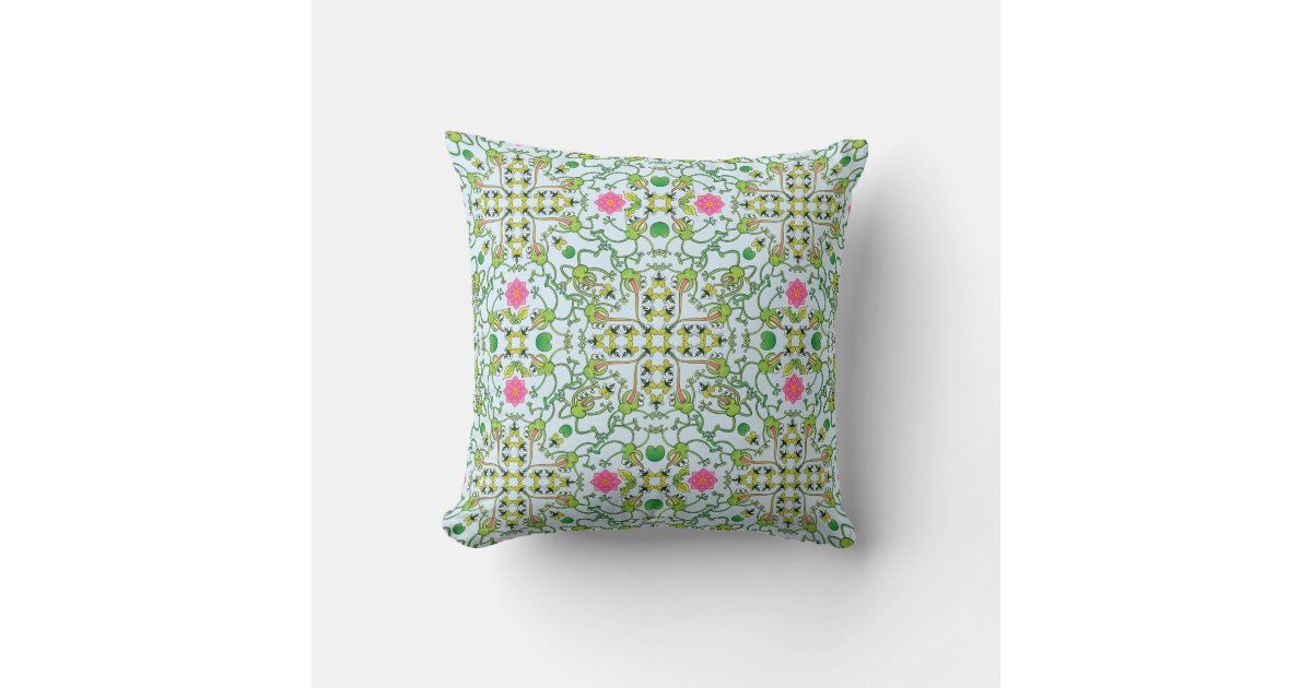 Funny green frogs hunting flies mandala design throw pillow | Zazzle