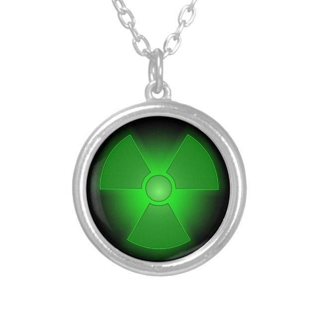 Funny green glowing radioactivity symbol silver plated necklace (Front)